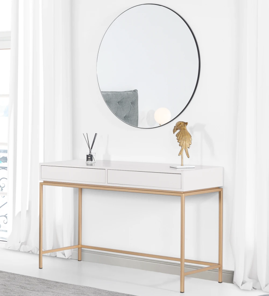 Dressing table with 2 pearl lacquered drawers and frame, gold lacquered metal feet.