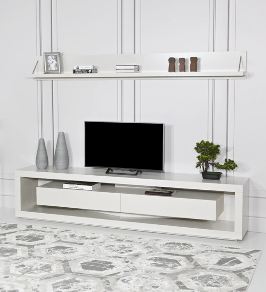 Mueble TV con estructura y módulo de cajones lacados en color perla