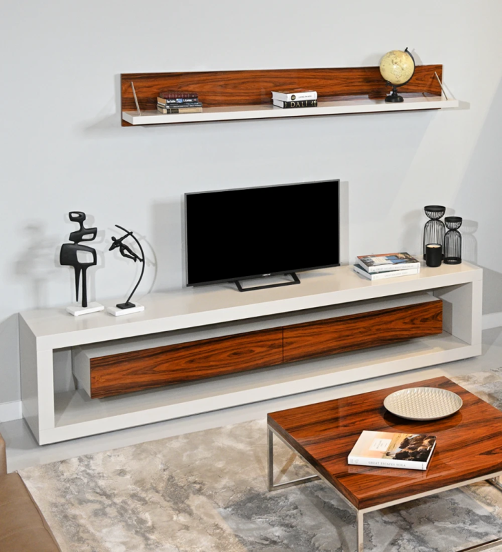 TV Stand with structure and drawer module lacquered in pearl, drawers in palissander high gloss