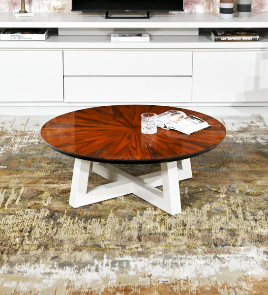 Round center table with high gloss palisander top and pearl lacquered foot