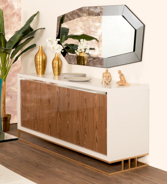 Sideboard with 4 doors in high gloss walnut, pearl lacquered structure, with gold lacquered metal foot and mirror detail.