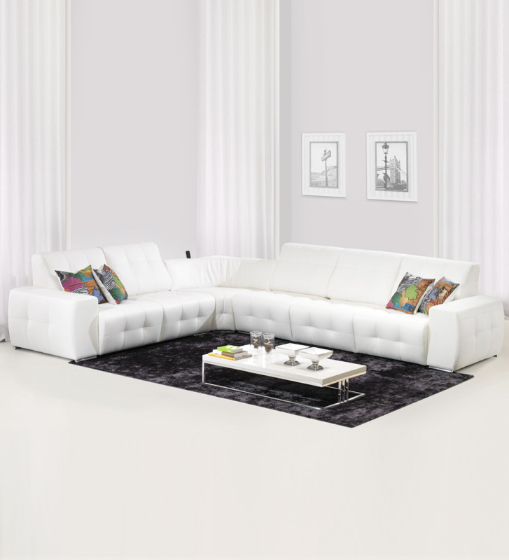 3+2 seater corner sofa, upholstered in white eco-leather, with sound system compatible with cell phones, pen drives, and memory cards.