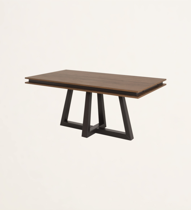 Rectangular extendable dining table with aged oak top, black lacquered center foot.