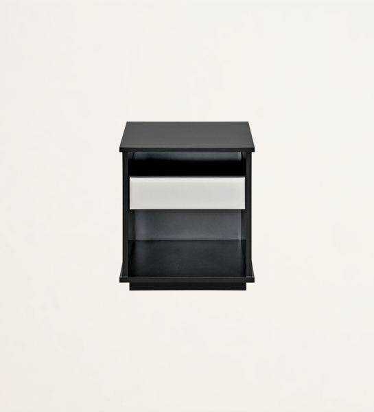 Bedside table with 1 drawer with eco-leather upholstered front, black lacquered frame.