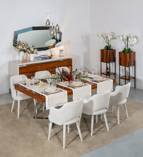 Mesa de jantar extensível retangular com tampo em palissandro alto brilho e pé em inox
